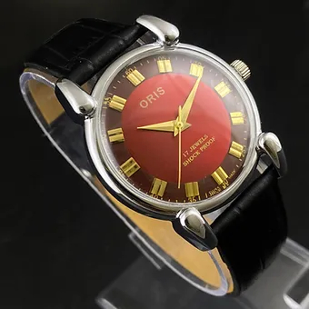 Vintage 1975 Oris Manual Mens Silver Watch W/Leather Strap & Red accents - Picture 4 of 7